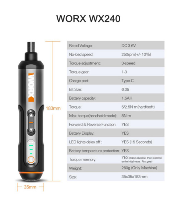 전동라쳇 충전식 임팩 드릴 Worx 4V 미니 소형 전기 스크루 드라이버 세트 WX242 WX241 WX240 스마트 무선 USB 핸드 도구, [03] WX240