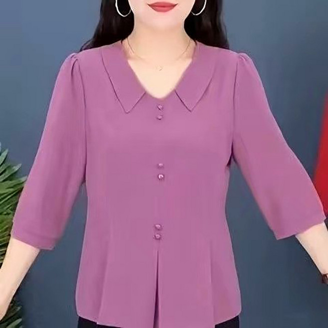 엄마옷 칠부소매 시원한 블라우스 여름 퍼프소매 카라넥 반팔티 얇은 셔츠 50대