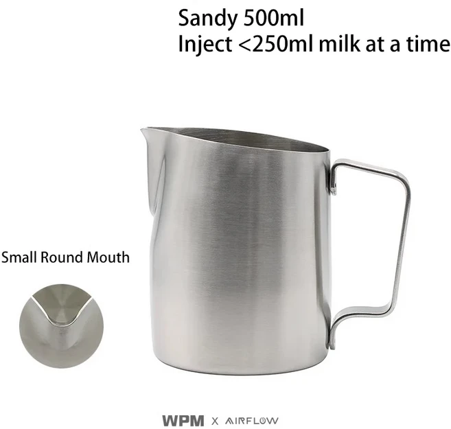 미니빔 AIRFLOW WPM 공동 450ml/500ml 우유 투수 스테인레스 스틸 둥근 입 우유 거품 주전자 라떼 아트, 09 21Sandy-500ml