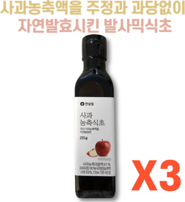 국산 사과를 주정과 과당 없이 황토옹기에서 1년 이상 숙성시킨 한살림 발사믹식초, 3개, 255g