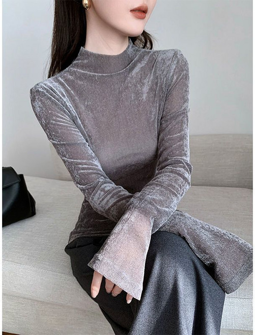 봄 가을 여성 반폴라 긴팔티 빈티지 플라워 쉬폰 목폴라티 빅사이즈 캐주얼 여자 긴팔 티셔츠 YJW