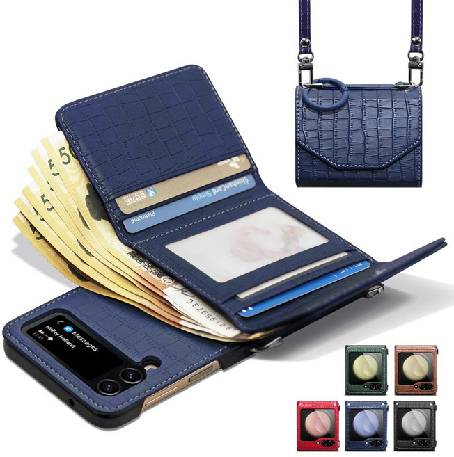 Z플립 7 6 5 4 3 지갑형 대용량 현금 수납 카드4장 수납 손목 어깨 스트랩 핑거링 힌지보호 제이콥스타일 정품 폰케이스 갤럭시 제트 PU 악어 가죽 패턴 지폐 핸드폰 케이스