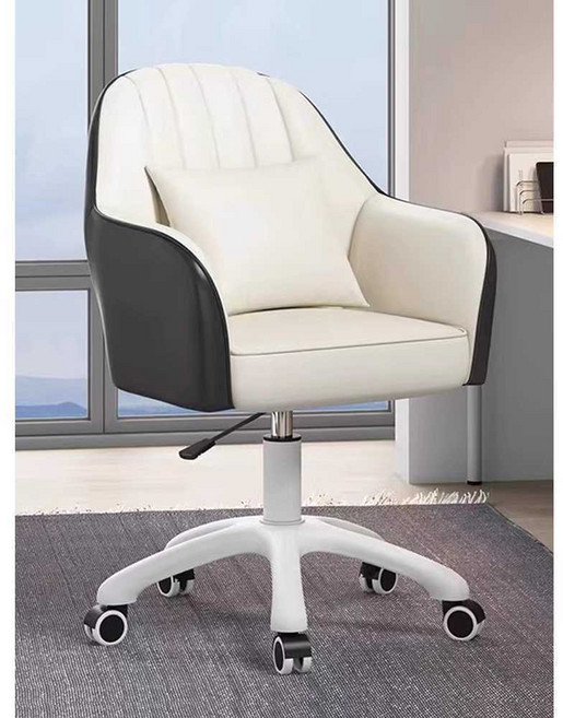 회전의자 바퀴달린 등받이의자 컴퓨터 PU 쿠션의자, 다크/오프 가죽 흰색 발 강철 팔