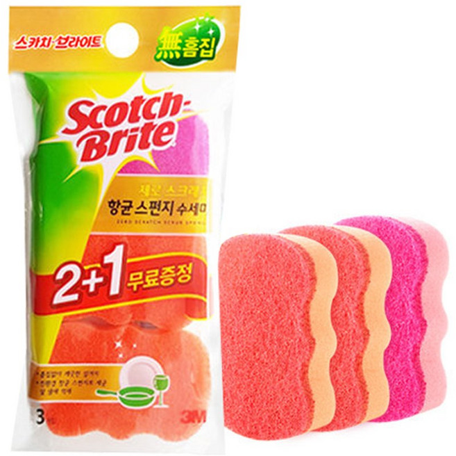 3M 제로스크래치 항균 스펀지 수세미 2+1 / 스카치브라이트, 1개, 1개