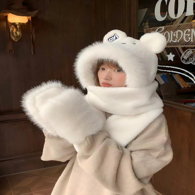 겨울 모자 곰돌이 털모자 목도리 장갑 일체형 후드 귀달이 넥워머