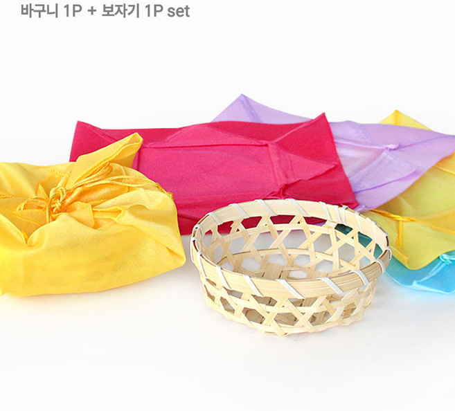 대나무 원형 내추럴 떡바구니 떡보자기 세트 ( 송편 한과 선물 떡포장 명절 설날 추석 떡만들기 단체선물 돌잔치 답례품 판촉물 ), 바구니1P+랜덤 보자기1P