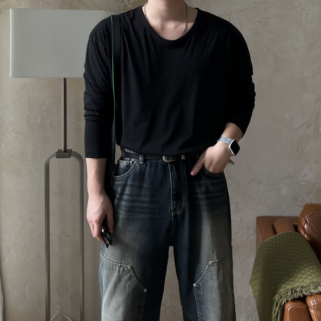 실켓 오버핏 남자 유넥 긴팔 티셔츠