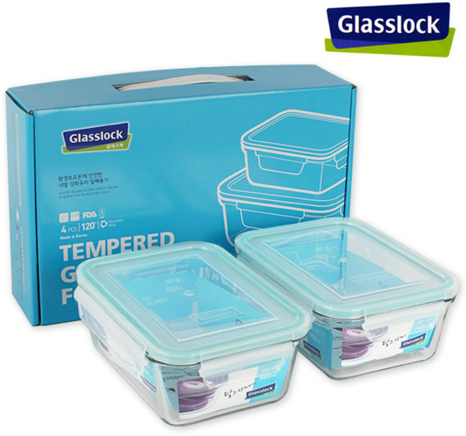 Glasslock 글라스락밀폐용기 직사각2조(980ml-2개) 유리밀폐용기 반찬통 유리그릇 냉장고찬통, 1세트