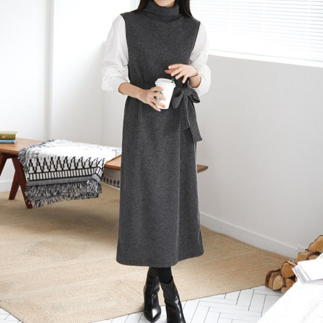 봉봉스토리 바이브 벨트 폴라 여성 롱원피스 소매배색