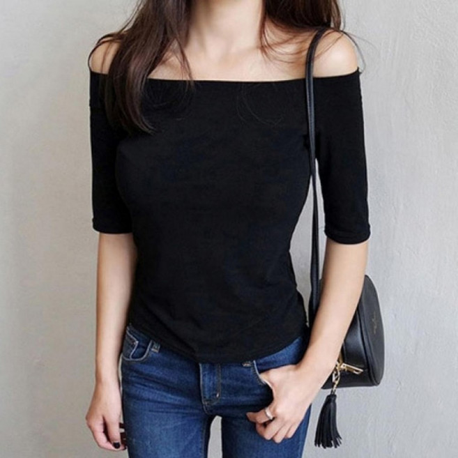 여성 어라인 오픈숄더 7부 소매 입술 넥티셔츠