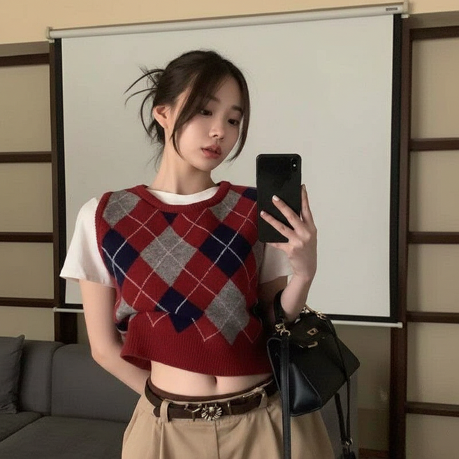 칩썬데이 아가일 니트 조끼 여성 라운드넥 크롭 베스트 빈티지