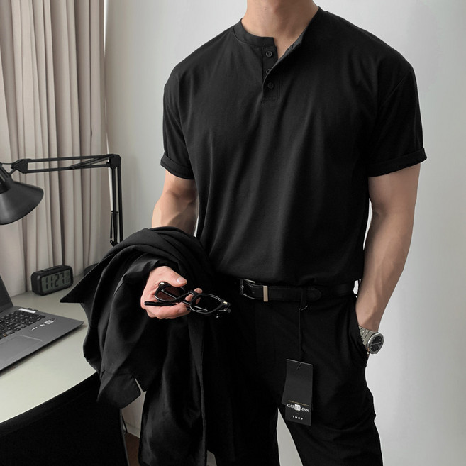 ANYOU 남성 여름 니트 반팔 티셔츠 라운드넥 데일리 캐주얼 상의 베이직 티셔츠