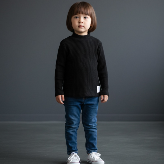 유아 골지 반목 티셔츠 겨울 이너 부드러운 면 데일리 아동복