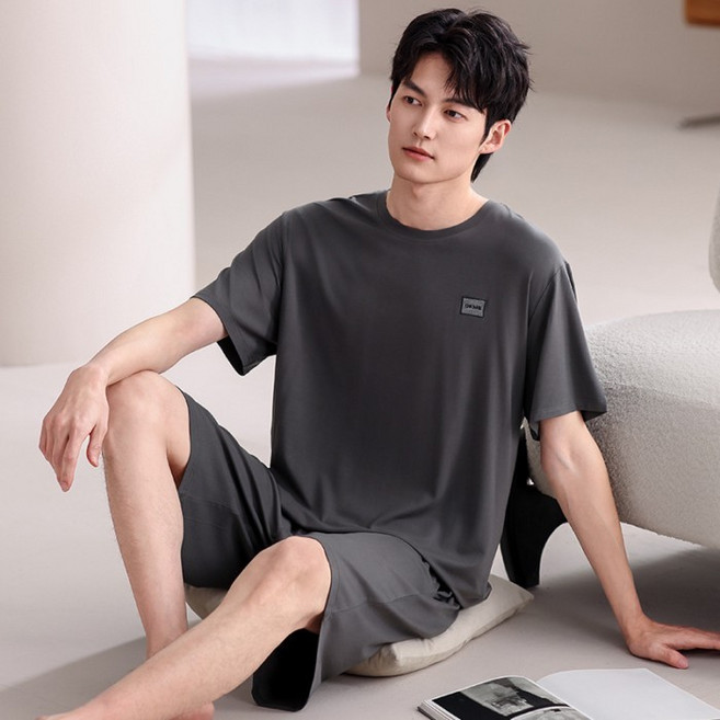 莫代爾 夏季 男款 睡衣 圓領 短袖 休閒家居服 兩件套