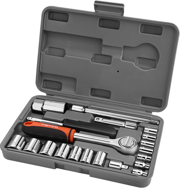 ValueMax 미터규격 1/4 3/8인치 드라이브 소켓 세트 21피스 4-19mm 라쳇 렌치 세트 라쳇 렌치 연장바 어댑터 스피너 핸들 보관 케이스 포함 자동차 정비용, 1세트