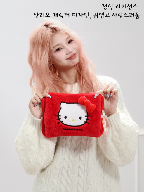 산리오 정품 헬로키티 리본 일체형 핫팩 충전식 소녀 감성 손 넣기 가능 플러시 핸드 워머 보온 온수 주머니 찜질기 복부 허리 찜질 생리통 완화 귀여운 캐릭터, 레드