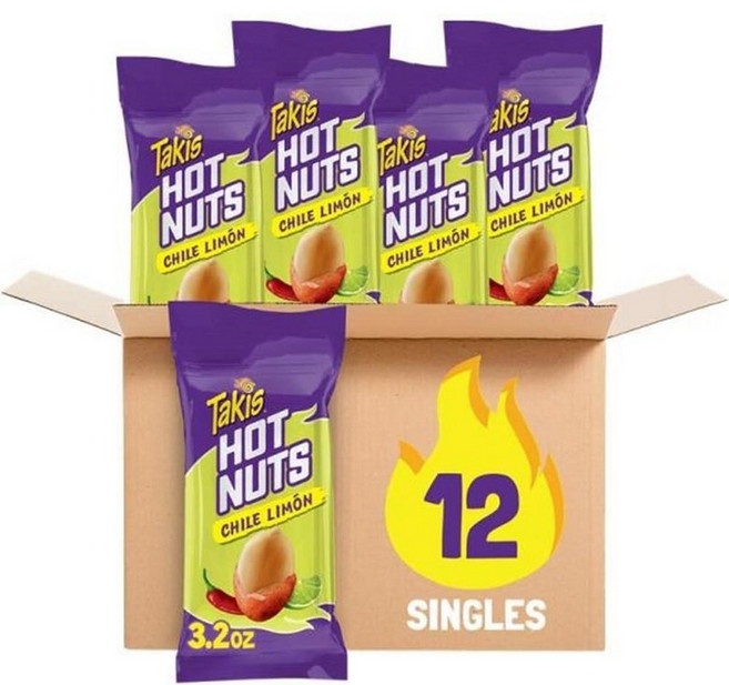 Takis Fuego 핫 너트 12개 / 90.7g(3.2온스) 스낵 사이즈 박스 핫 칠리 페퍼 & 라임 맛 익스트림 스파이시 더블 크런치 피너츠, 플레어, 12개(1팩)
