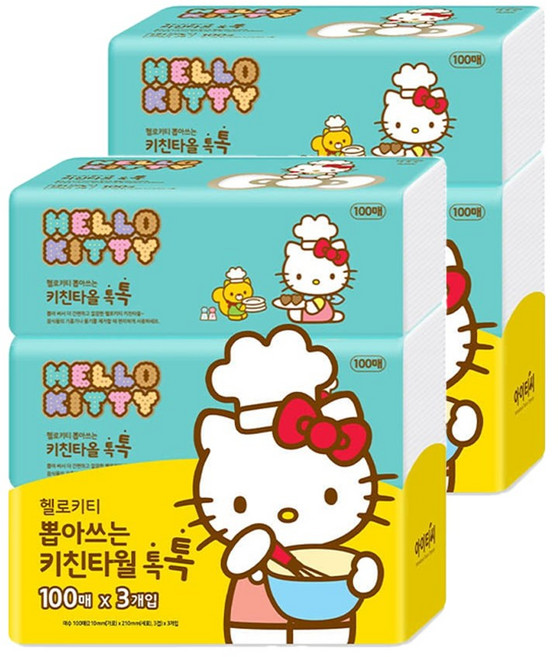 헬로키티 뽑아쓰는 천연펄프 키친타올 톡톡 100매, 6개, 3매입