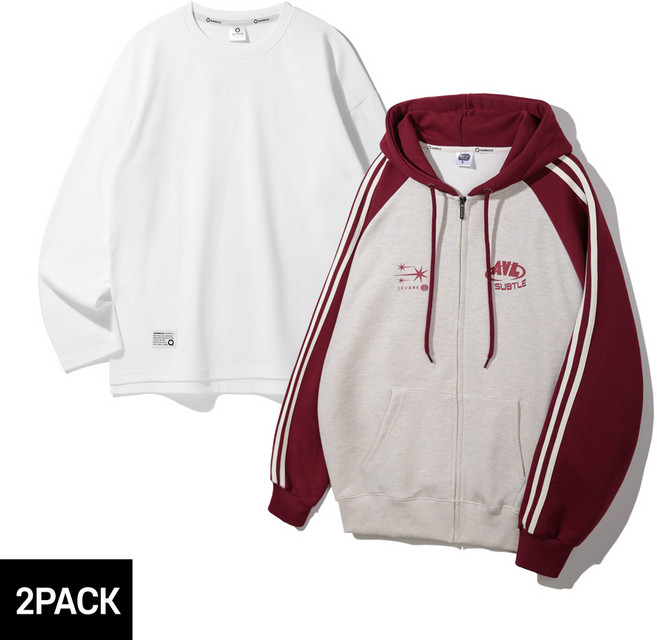 [2PACK] 앨빈클로 레바레 배색 트랙 후드집업 무지 오버핏 긴팔티셔츠 2종 패키지