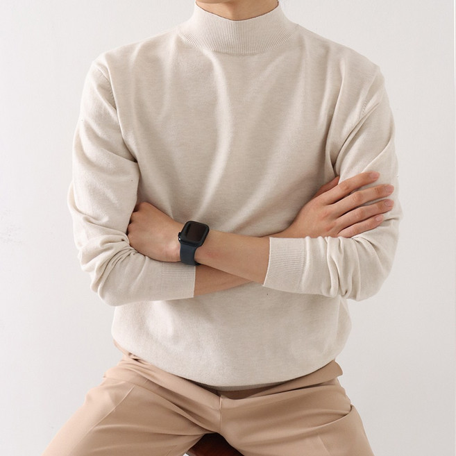 지지블랙 부드럽고 촉감이 좋은 리븐 스판 반폴라 니트 스웨터 오버핏 터들넥 ZZBKN046