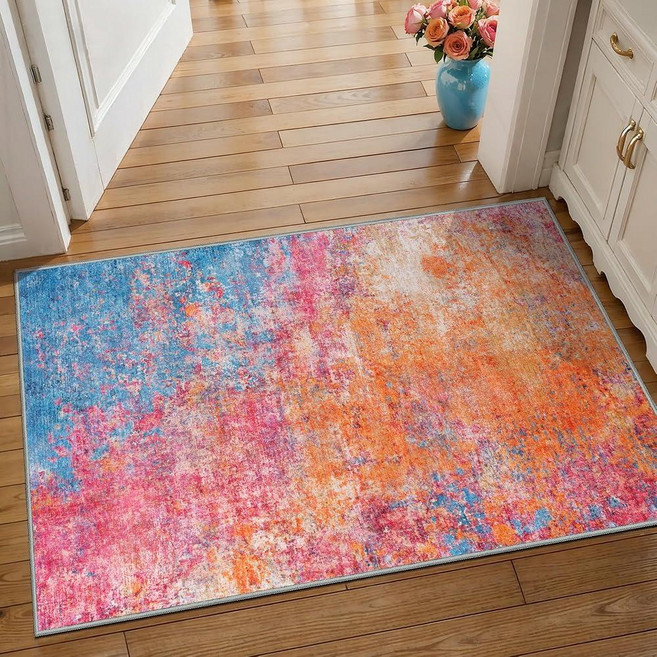 Tangsoo 4x6 Washable Area Rug Modern Non Slip Indoor Rugs for Living Room Abstract Contemporary, Orange/Pink/Blue
