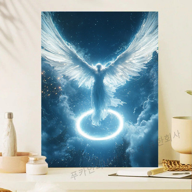액자형 3D 사각큐빅 보석십자수 DIY 키트 캔버스 일체형 풍경 동물 꽃식물 금전운 풍수 그림 장식 선물용 40x50cm, 1개, 천사