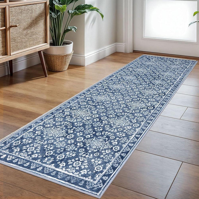 SILOLOOM Navy Round Rug 5 Ft Rugs for Entryway Washable Circle Entrance Rug Non Slip Round Doormat, 데님 블루와 화이트