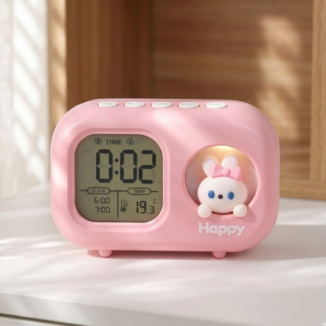 [신학기 인테리어]행플마켓 캐릭터 무드등 알람시계 온도표시 무소음 건전지형 3가지색상, 핑크
