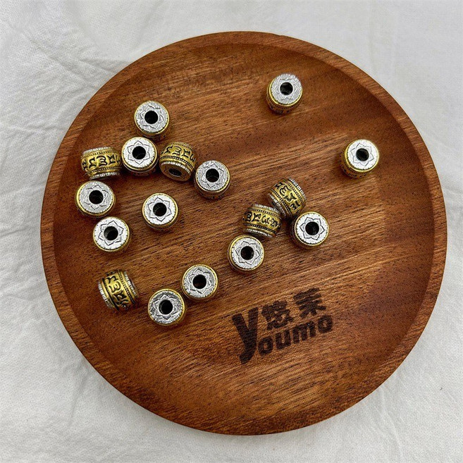 文玩隔珠 串珠 文玩DIY 萬六字祥雲大孔隔珠合金藏銀手工串珠雙色桶珠文玩飾品配件散鼓珠