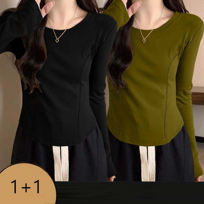 1+1 여자 기모 티셔츠 빅사이즈 슬림핏 라운드넥 긴팔티 2피스 가을 겨울 여성 긴팔 티셔츠 CJJ