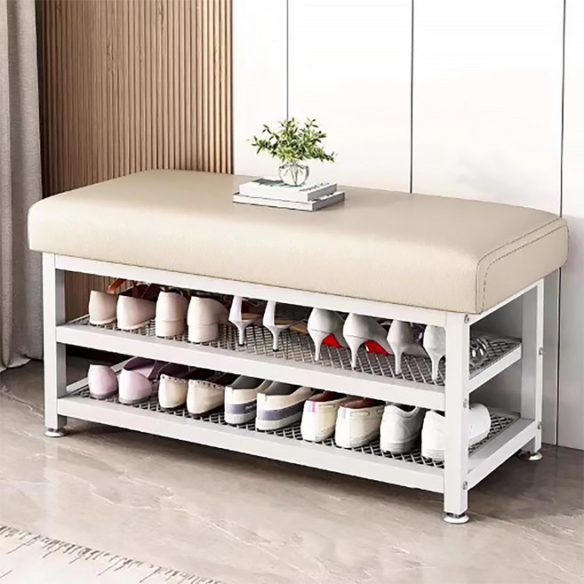 오아루 철제 현관 벤치 신발장 수납장, 화이트+화이트프레임