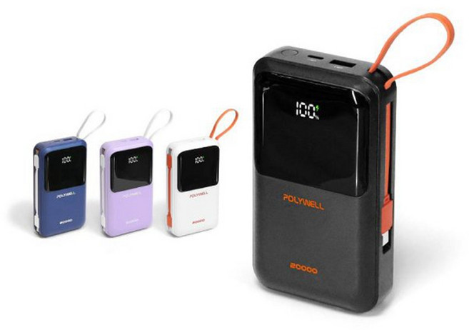 POLYWELL 自帶線行動電源 20000mAh 數顯, 黑色 (20000毫安), DDS016-01