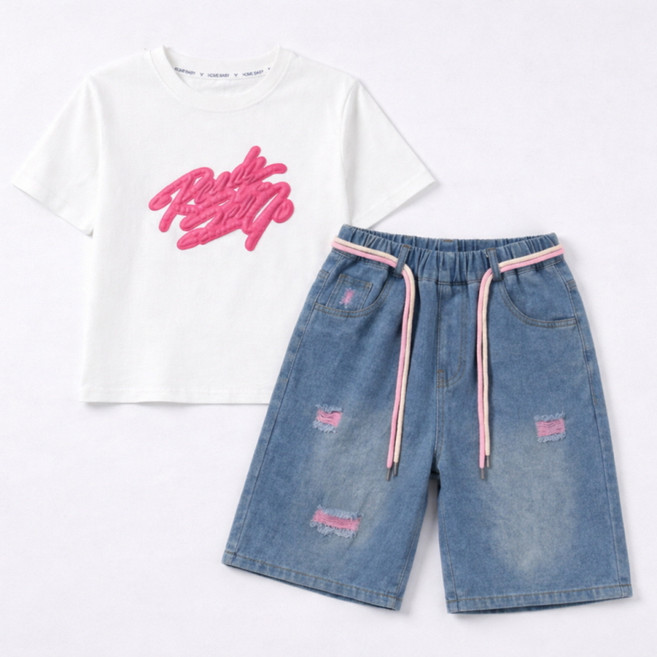 지디오 주니어 여아 반팔 상하복 세트 반팔티 반바지 힙한 투피스 레터링 밴딩 5부 데님 팬츠 초등학생 스트릿 패션