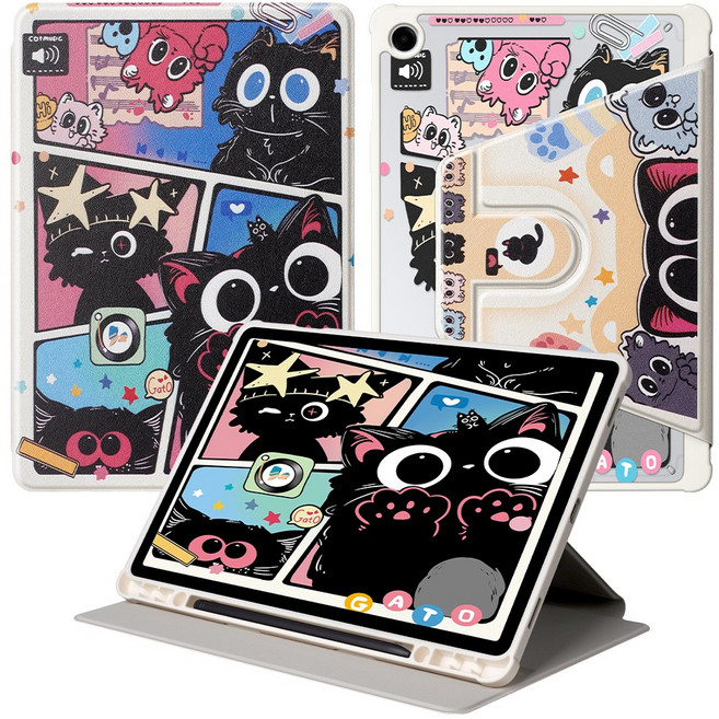 DUNNO 360도 회전 가능 패턴 디자인 아크릴 삼성 탭 케이스, 1개, 5-Comic Cat