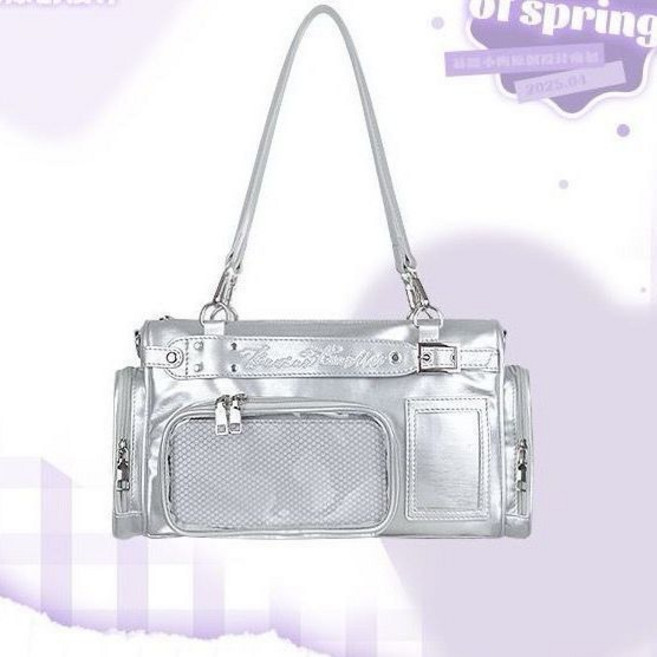 追星包 小眾女肩背包 百搭手提單肩包 透明側背包 日系制服包斜背包, 銀色+扎板（藏燈牌）+斜挎肩帶