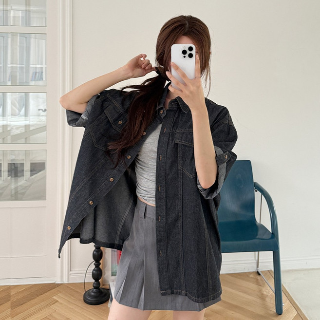 [SS올핏신상+/3XL] 툭걸치기좋은/TWO POCKET 롤업 데님 셔츠(반팔) 2color