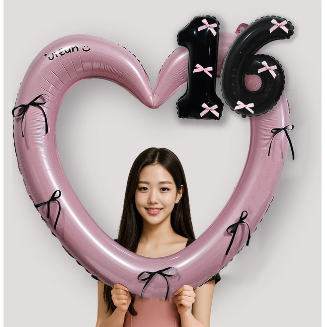 올리브파티 발레코어 리본 숫자 풍선 하트프레임 자유레터링 생일파티용품세트, 16, 1세트, 핑크하트풍선