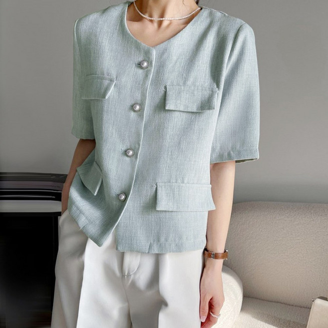 믹스블링 노카라 진주 단추 반팔 여성 자켓 여름 아우터 데일리