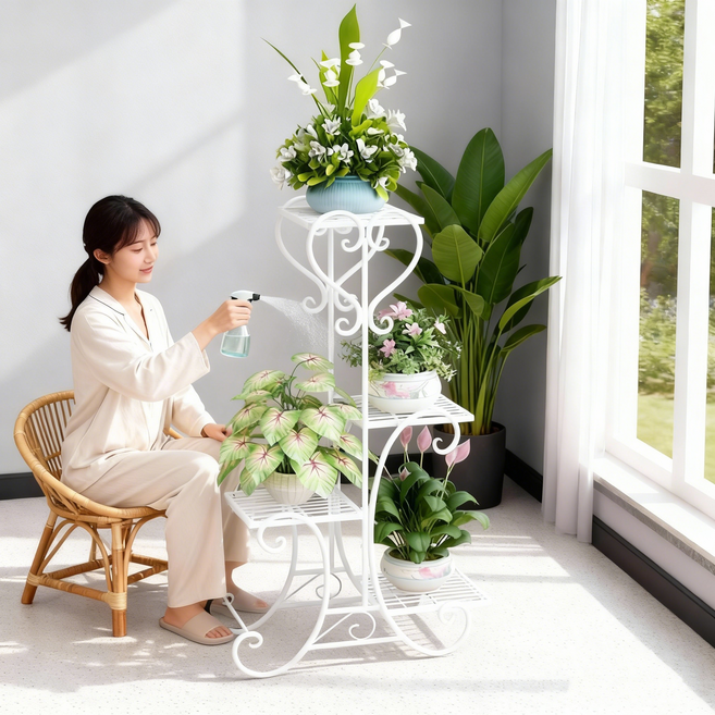 다층 화분 선반 거실 발코니 장식 화분 선반, 흰색, 1개