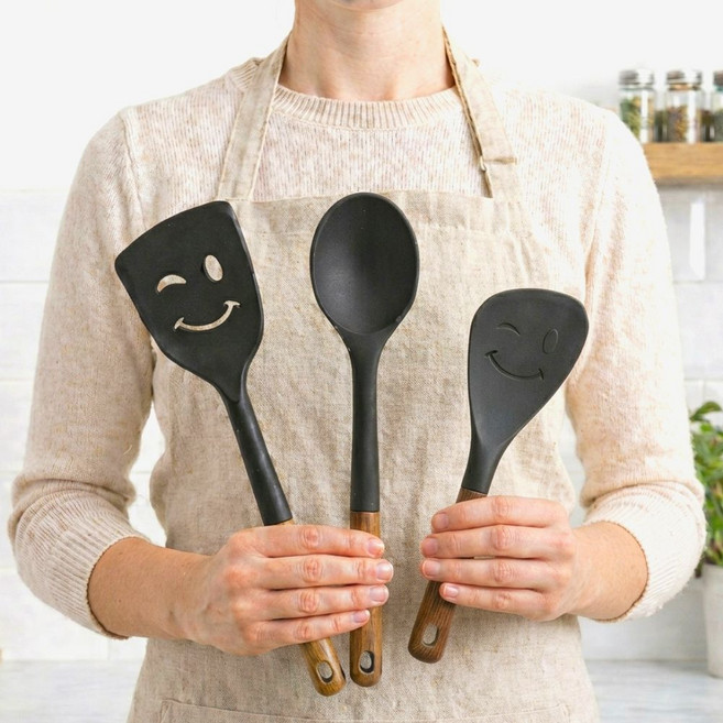 리브소나 실리콘 조리도구 세트 국자 뒤집개 세트 주방 용품 도구, 1세트, 블랙우드, 뒤집개 + 요리스푼 + 멀티주걱