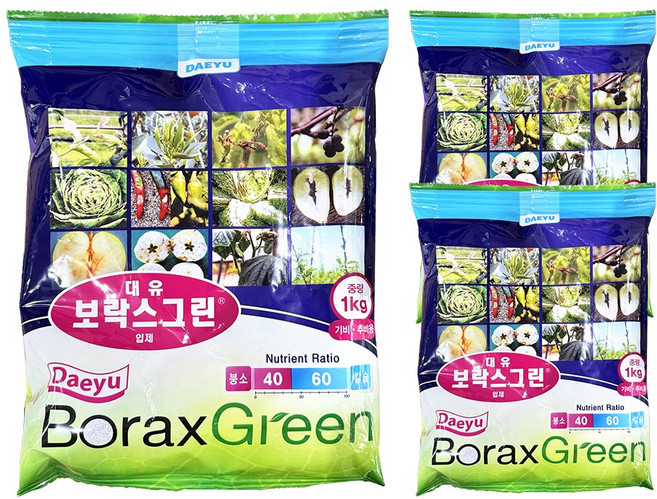 붕사 칼슘 비료 입제 1kg 대유 보락스그린 / 고추 배추 무 오이 토마토 수박 딸기 부추 양파 파, 3개