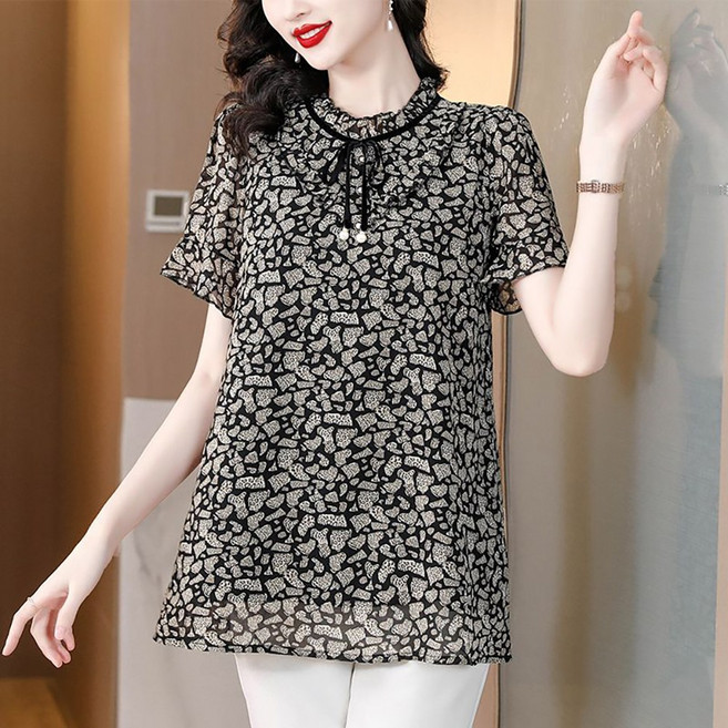 WANGBAIWAN 여성 플라워 프릴카라 반팔 블라우스 루즈핏 날씬해 보이는 쉬폰 블라우스 티셔츠 빅사이즈 S042619