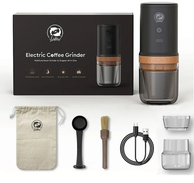 Icafilas 다기능 휴대용 커피 드리퍼 메이커 미니 캠핑 여행 콩 밀 전기 연마기 스테인레스 스틸 그라인드, 01 B kits