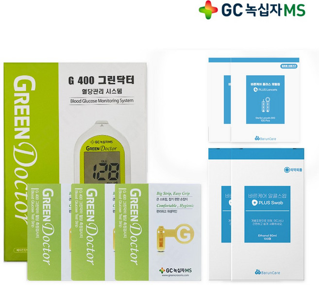 GC녹십자MS 그린닥터 혈당측정기 + 시험지100매 + 채혈침100매 + 알콜솜100매, 그린닥터혈당측정기세트, 1세트