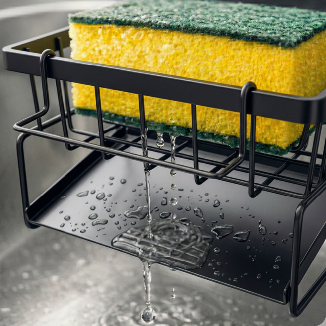 (말리는) 방즈미 수세미거치대 물빠짐 경사형 주방 싱크대 정리, 1개, 퓨어블랙