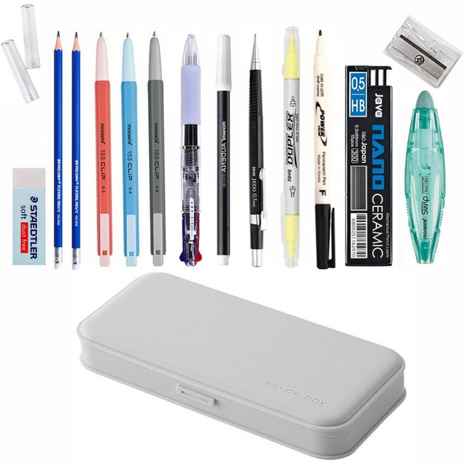 HB문화사 프리미엄 필기구 펜슬박스 모나미 153 CLIP 케이스 문구세트 17종 구성, 1개, 그레이(GREY)