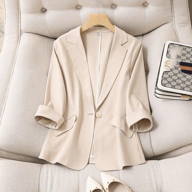 봄 여름 정장 코트 칠부 슬림 원버튼 정장자켓 여성 상의 클래식 시원한 캐주얼 정장 재킷 WAWAMIYA