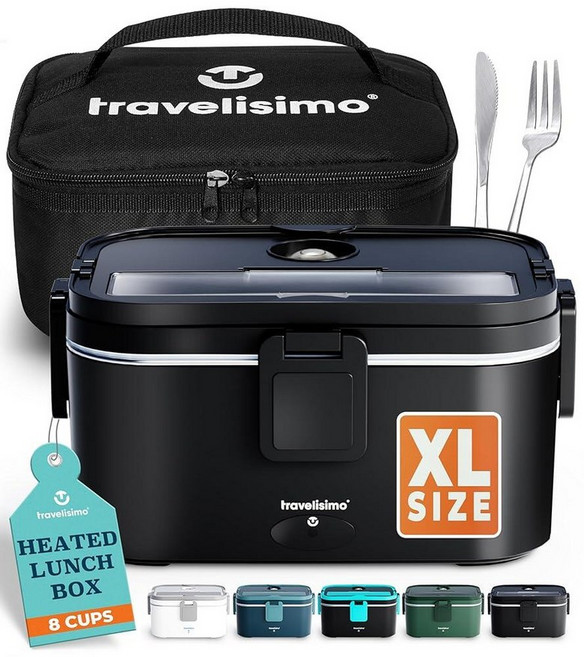Travelisimo TRAVELISIMO 성인용 엑스트라 라지 전기 런치 박스 최대 8컵 보관 - 남성용 100W 온열 박스 1.8L 여행 및 작업을 위한 휴대용 푸드 워, 블랙