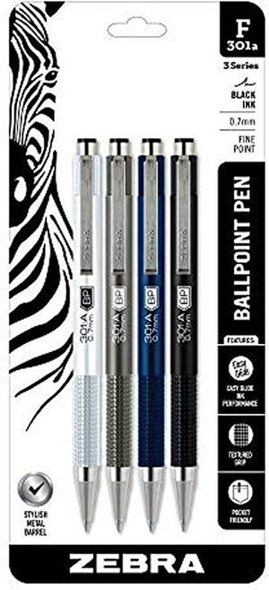 Zebra Pen F-301A 접이식 볼펜 다양한 색상의 프리미엄 메탈 배럴 섬세한 포인트 0.7mm 블랙 잉크 4팩, Zebra Pen F-301A 접이식 볼펜, 다양한 색