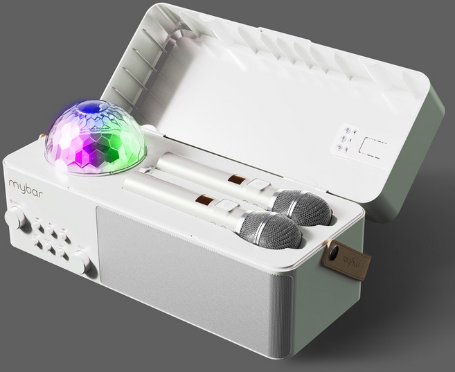 마이바 신제품 출시 올인원 프리미엄 블루투스 노래방 무선 마이크 반주기 듀얼 스피커 40W 미러볼 가정용 휴대용 캠핑 차박 Mybar-S001